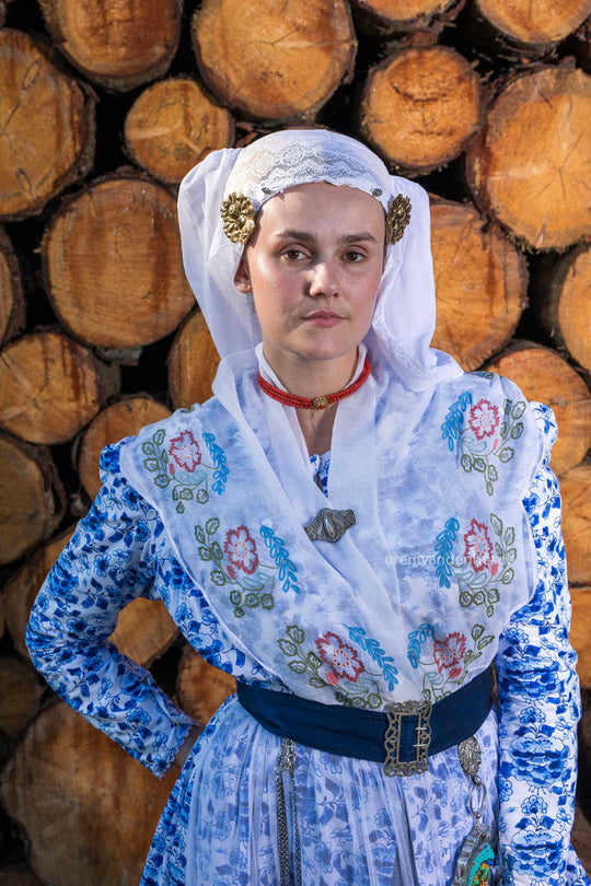Portret van Linde in blauw-witte Friese dracht voor een stapel vers gekapt hout, Nederlandse wandkunst. Fotografie Rem van den Bosch 