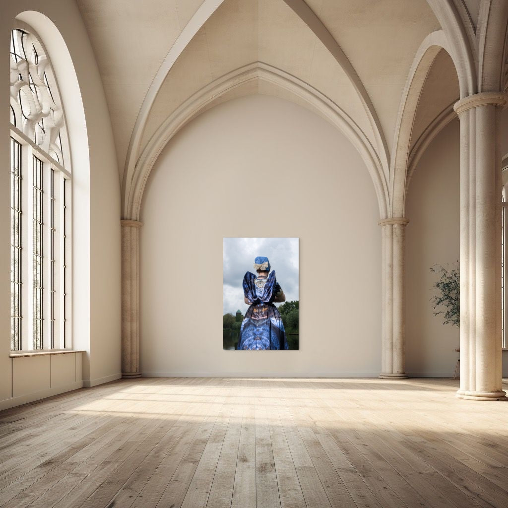 Rugaanzicht in moderne Axelse dracht in blauwtinten aan het water met de watertoren van Axel – kunstfotografie door Rem van den Bosch, muurdecoratie 