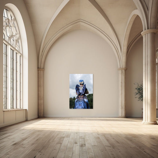 Rugaanzicht in moderne Axelse dracht in blauwtinten aan het water met de watertoren van Axel – kunstfotografie door Rem van den Bosch, muurdecoratie 
