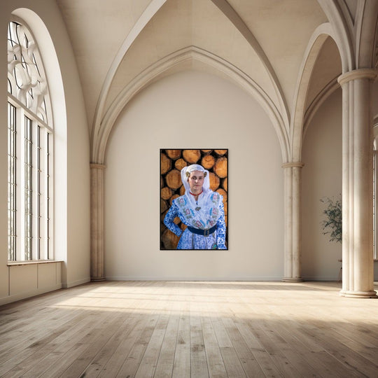 muurdecoratie, muurdecor, wandkunst, Rem van Den Bosch. Linde in Friese dracht voor vers gekapt hout.