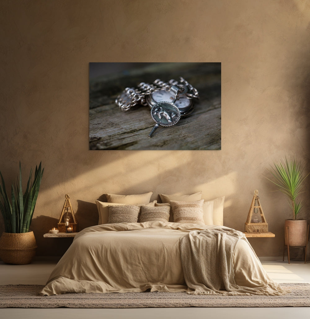 wall art, muurdecor, Zilveren Zeeuws zakhorloge met paard, traditioneel erfgoedobject, gefotografeerd door Rem van den Bosch 