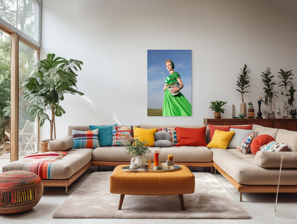 Dana in moderne groene Walcherse dracht met een emmer zeekraal, gefotografeerd door Rem van Den Bosch, muurdecoratie, wall art, fotografie 